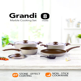Grandi 8 piece granite cookware set with a stainless steel lid begie