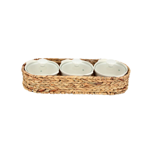 Porcelain 3Pcs Round Casseroles With Lid And Rattan Basket image number 1
