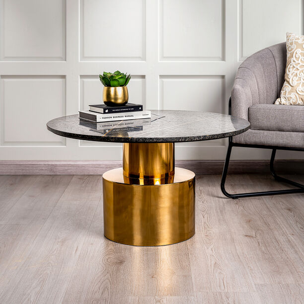 Round Marble Coffee Table With Steel , Inlay Brass Strip Black 77*77*43 cm image number 0