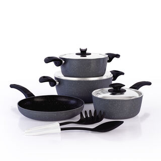 Grandi 9 piece granite cookware set with a stainless steel lid grey