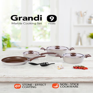 Grandi 9 piece granite cookware set with a stainless steel lid begie