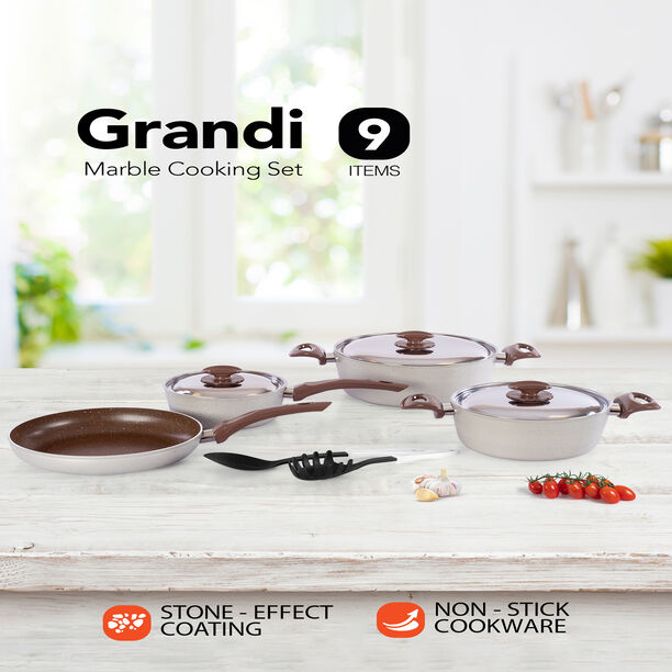 Grandi 9 piece granite cookware set with a stainless steel lid begie image number 0