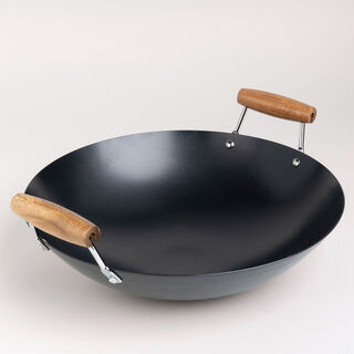 Alberto round black wok carbon steel pan with wooden handle 38 cm