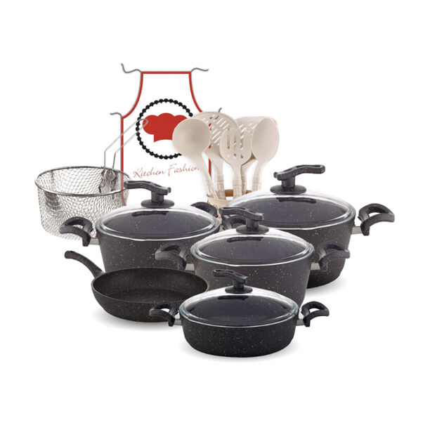 Mistercook 16 piece granite cookware set with a glass lid grey image number 0