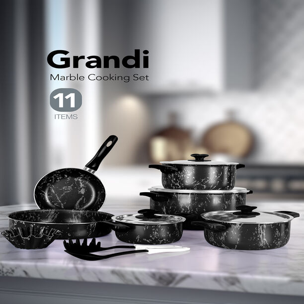 Grandi 11 piece marble cookware set with a stainless steel lid black image number 0