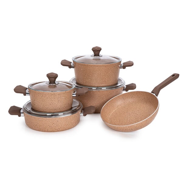 Just Perfecto 9-Pieces Nonstick Granite Pots and Pans Cookware Set with  Steamer (Brown)