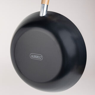 Alberto Non Stick Wok Pan With Wood Handle Round Shape Black