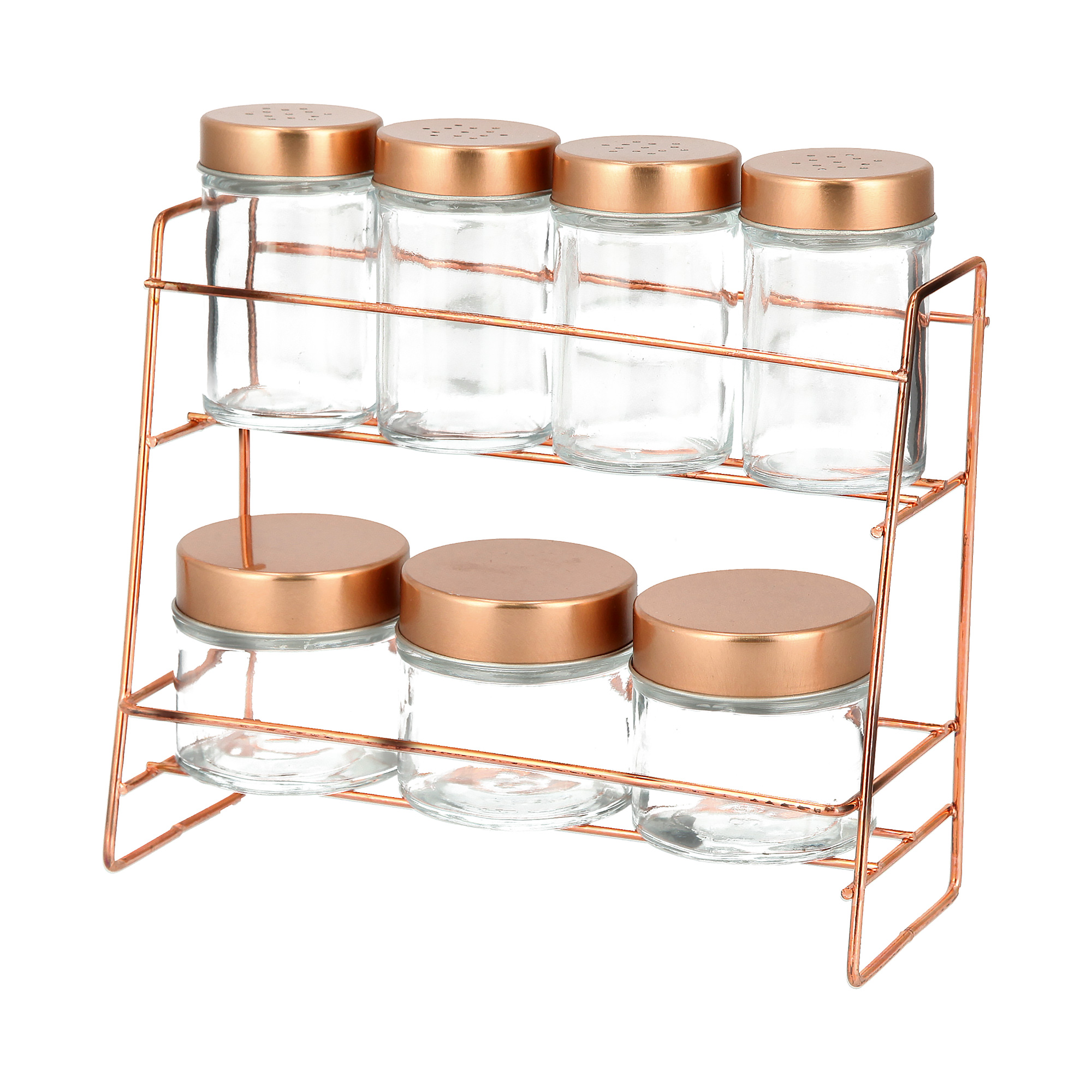 

Alberto 7 Pieces Glass Spice Jars With Copper Clip Lid And Metal Stand